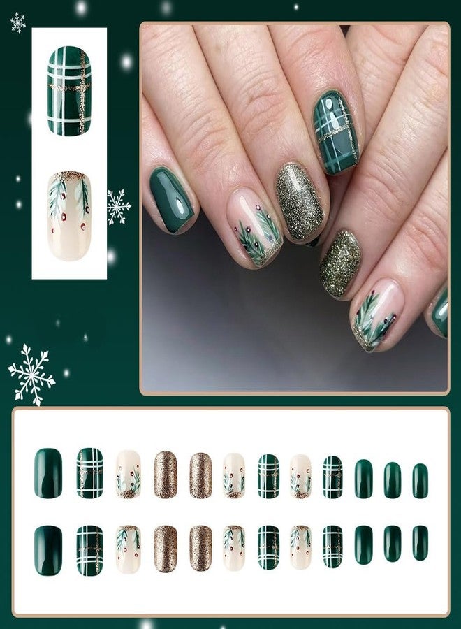 HJKDSFD Christmas Green Press on Nails Short Square Acrylic Nails Press on Winter Fake Nails with Gold Glitter Stripes Designs Full Cover Glue on Nails Xmas Glossy Artificial False Nails for Women 24Pcs - Image 2